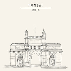 Gateway of India in Mumbai (Bombay) hand drawn postcard