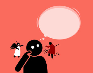 Man listening to the angel and devil that are whispering to his ears. He is making a decision based on the suggestion and advice made by the angel and the devil. Who will the man listen to?