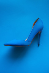 Fashionable blue high heeled lady's shoe on a blue background 