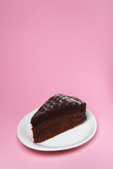 Tasty traditional chocolate Zaher cake on a plate on color pink background