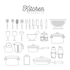 white background with set silhouette group of kitchen utensils