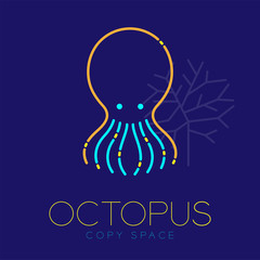 Octopus and Coral logo icon outline stroke set dash line design illustration blue and yellow color isolated on dark blue background with Octopus text and copy space, vector eps10
