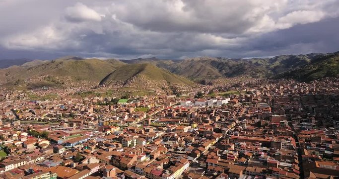 Cusco Peru Aerial v5 Flying low over downtown panning