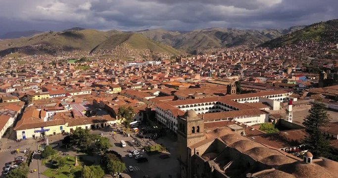 Cusco Peru Aerial v7 Flying low around plaza