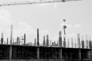 silhouette worker team black and white working construction site . with copy space add text