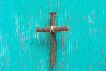 Wood cross or religion symbol shape over wood  background for God.
