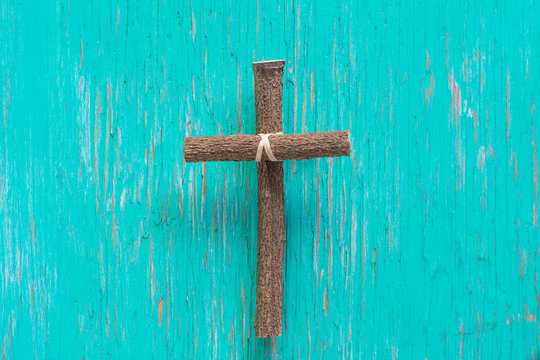 Wood cross or religion symbol shape over wood  background for God.