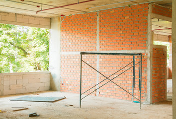 wall made brick construction site interior room in building with copy space add text