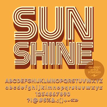 Yellow striped vector alphabet. Graphic font with word Sunshine