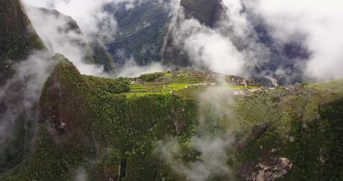 Machu Picchu Peru Aerial v6 Birdseye view flying over ancient ruins