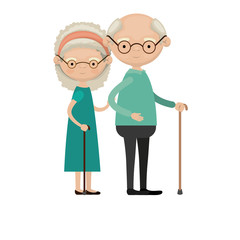 colorful full body elderly couple in walking stick grandmother bow lace and curly hairstyle in dress and grandfather with glasses