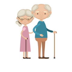 colorful full body elderly couple in walking stick grandmother side collected hairstyle in dress and grandfather with few curly hair