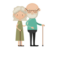 colorful full body elderly couple in walking stick grandmother wavy hairstyle in dress and grandfather with beard and glasses