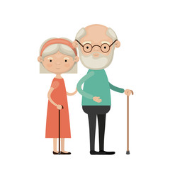colorful full body elderly couple in walking stick grandmother bow lace and straight short hairstyle in dress and grandfather with beard and glasses