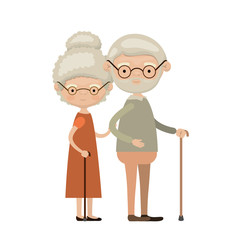 Obraz na płótnie Canvas colorful full body elderly couple in walking stick with glasses grandmother curly bun hairstyle in dress and grandfather with beard