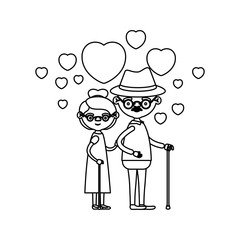 sketch silhouette of caricature full body elderly couple embraced with floating hearts grandfather with hat in walking stick and grandmother with collected hair and glasses