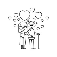 sketch silhouette of caricature full body elderly couple embraced with floating hearts grandfather with moustache in walking stick and grandmother with straight hair