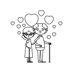 sketch silhouette of caricature full body elderly couple embraced with floating hearts grandfather in walking stick and grandmother with collected hair and glasses