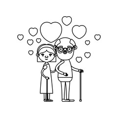 sketch silhouette of caricature full body elderly couple embraced with floating hearts beard grandfather in walking stick and grandmother with bow lace and short hair
