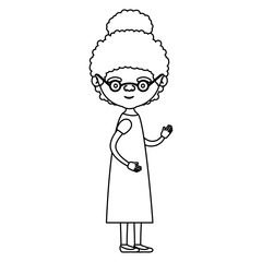 sketch silhouette of full body elderly woman in dress with curly collected hairstyle and glasses
