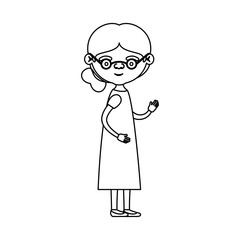 sketch silhouette of full body elderly woman in dress with side bun hairstyle and glasses