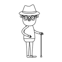 sketch silhouette of full body elderly man in walking stick with beard and hat with glasses