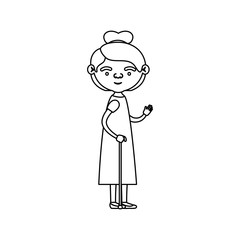 sketch silhouette of full body elderly woman in walking stick with dress and collected hairstyle