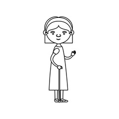 sketch silhouette of full body elderly woman in walking stick with dress and bow lace straight short hairstyle