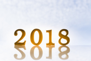 2018 NEW YEAR Business and saving money concept. 2018 gold wooden alphabets with reflection and sky background.