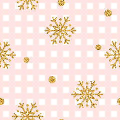 Christmas gold snowflake seamless pattern. Golden glitter snowflakes on pink and white square background. Winter snow design wallpaper. Symbol holiday, New Year celebration Vector illustration