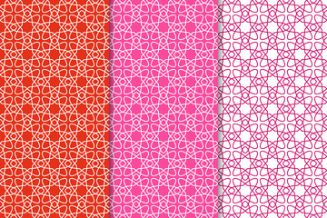 Geometric backgrounds. Set of red and pink seamless patterns