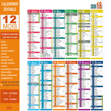 Calendrier 2018 éditable, multicolore