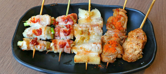 Delicious pork and chicken satay, Yakitori.