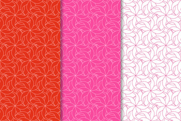 Set of floral colored seamless patterns. Red backgrounds