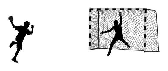 Handball (soccer) goalkeeper silhouette vector. Net isolated. Handball player. Attack shut penalty illustration. Elegant body sport figure shadow. Dynamic athlete man handball player in action.