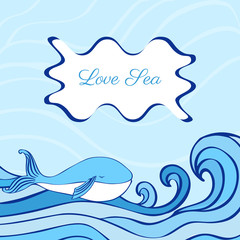 Blue Whale cartoon illustration isolated on decorative wave background, vector graphic colorful doodle animal, Character design for greeting card, children invite, baby shower, creation of alphabet