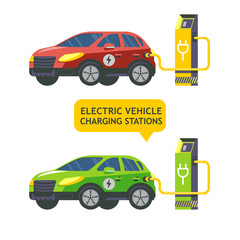 Electric car at a charging station. Service electric vehicles. Vector illustration. Flat style.