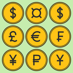 Set of golden yellow coin-like vector icons
