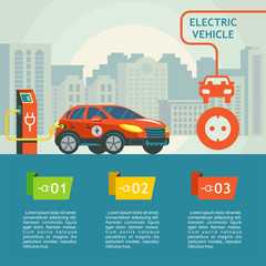 Electric car at a charging station. The background of urban landscape. Service electric vehicles. Vector illustration.