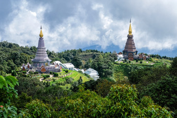Daylight Landscape of twin pagodas sitting on two nearby peaks in Doi Inthanon, Chaing Mai, Thailand.