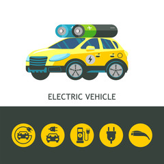 Electric car.Vector illustration isolated on white background. Set of vector icons.