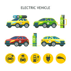 Electric cars. Set of vector illustrations. Isolated on a white background. Set of vector icons.