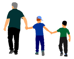 Grandfather and grandsons hold hands and walking. Grandfather Carrying Grandson vector illustration. Fathers day.