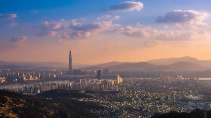 Fotobehang seoul city, skyline en wolkenkrabber, zuid-korea. © panyaphotograph