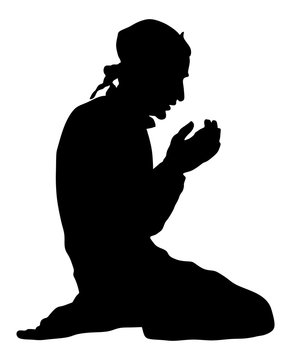 recommend clip art: Islamic religion. Pose of muslim man praying vector illustration isolated on white background. Islam religion member prayer.