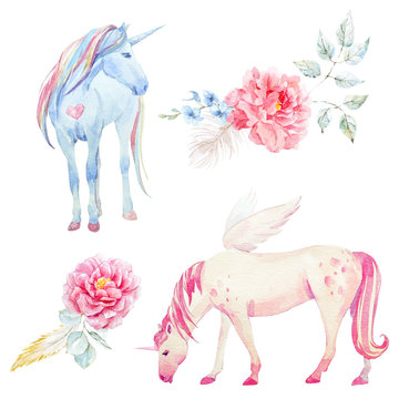 Watercolor unicorn and pegasus
