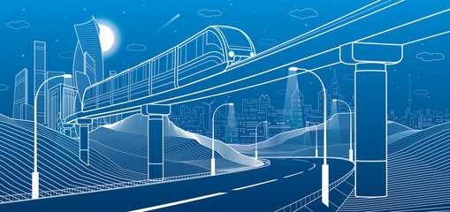 Monorail in mountains. Illuminated highway. Transportation illustration. Tower and skyscrapers, modern city, business buildings. Night scene. White lines on blue background. Vector design art