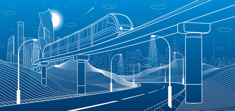 Monorail in mountains. Illuminated highway. Transportation illustration. Tower and skyscrapers, modern city, business buildings. Night scene. White lines on blue background. Vector design art