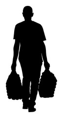 Worker carrying vector silhouette illustration isolated on white background. Moving situation. Transportation by hands. - obrazy, fototapety, plakaty