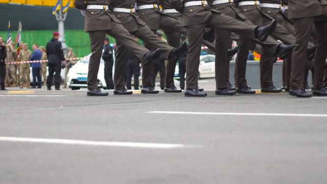 Military parade. Marching troops on the street